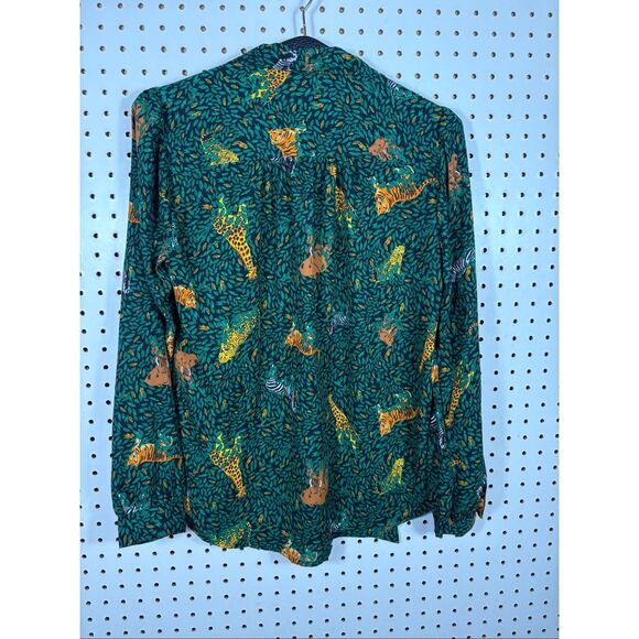 J.Crew Factory Long-sleeve Bow Top in Green Tie Neck Safari Button-up size XS - Picture 2 of 5